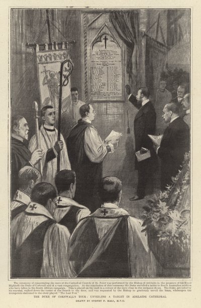 Hertugen av Cornwalls omvisning, avduking av et nettbrett i Adelaide-katedralen av Sydney Prior Hall
