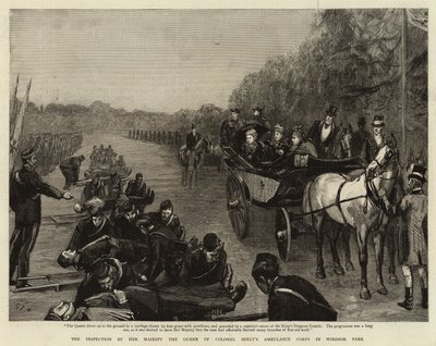 Inspeksjonen av Hennes Majestet Dronningen av oberst Seelys ambulansekorps i Windsor Park av Sydney Prior Hall