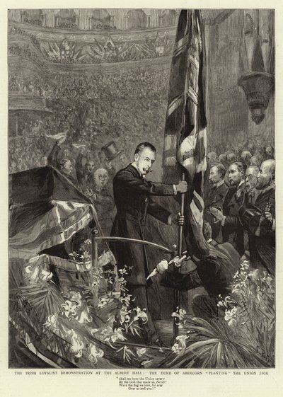 Den irske lojale demonstrasjonen i Albert Hall, hertugen av Abercorn planter Union Jack av Sydney Prior Hall