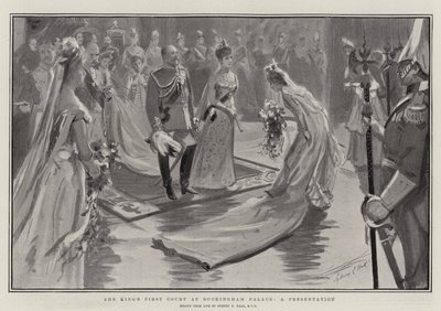 Kongens første domstol i Buckingham Palace, en presentasjon av Sydney Prior Hall