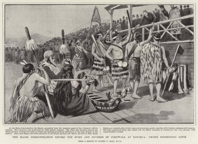 Maori-demonstrasjonen foran hertugen og hertuginnen av Cornwall i Rotorua, høvdinger som overrakte gaver av Sydney Prior Hall