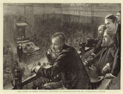 De jevnaldrende i galleriet deres, ser på et avbrudd i Mr Gladstones tale av Sydney Prior Hall