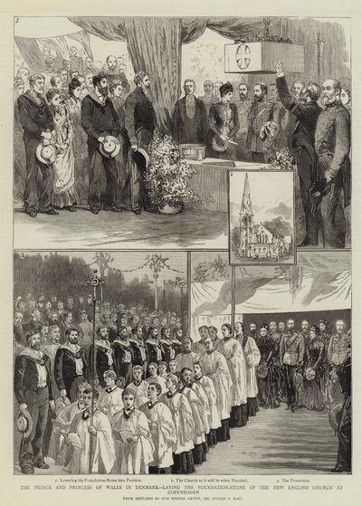 Prinsen og prinsessen av Wales i Danmark, legger grunnstenen til den nye engelske kirke i København av Sydney Prior Hall