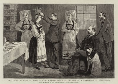 Prinsen av Wales i Norge prøver en brudekrone på hodet til en ventepiker på Vossevangen av Sydney Prior Hall