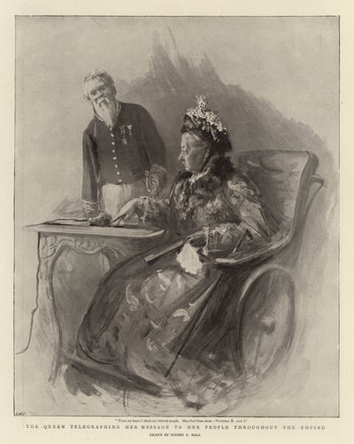 Dronningen telegraferer budskapet sitt til folket sitt i hele imperiet av Sydney Prior Hall