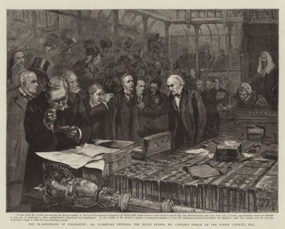 Gjenforsamlingen av parlamentet, herr Gladstone kommer inn i huset under herr Fowlers tale om menighetsrådets lovforslag av Sydney Prior Hall