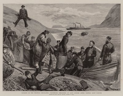 Turister i det vestlige høylandet, passasjerer som går om bord på Loch Scavaig etter å ha besøkt Loch Coruisk av Sydney Prior Hall