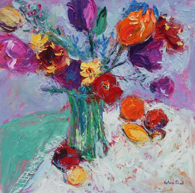 Tulipaner og frukt av Sylvia Paul
