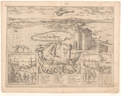 Utsikt over neset til Cádiz Gades ab occiduis insulae partibus (tittel på objekt) av Symon Novelanus (possibly)
