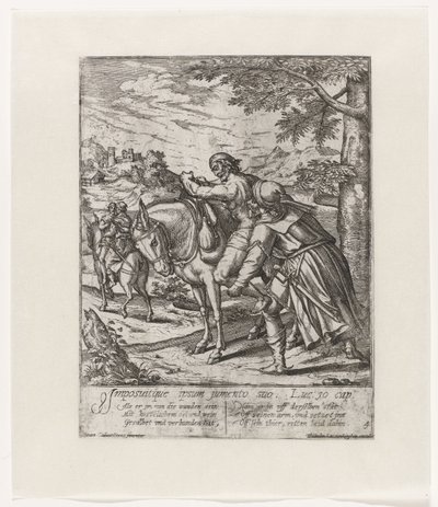 Den barmhjertige samaritan hjelper den skadde mannen på eselet sitt Lignelse om den barmhjertige samaritan (serietittel) av Symon Novelanus