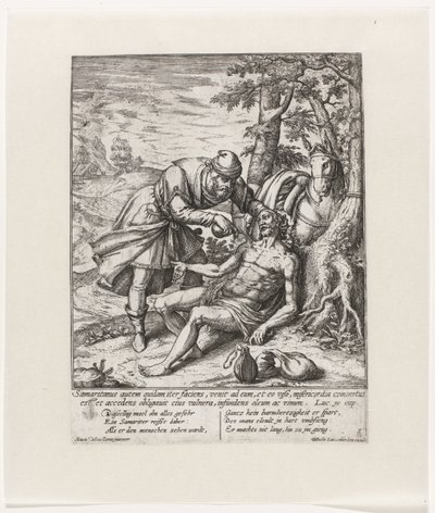 Den barmhjertige samaritan pleier sårene til den ranede reisende Lignelse om den barmhjertige samaritan (serietittel) av Symon Novelanus