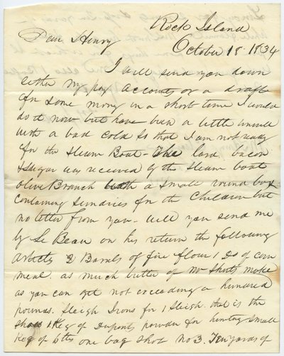 Brev signert T.F. Smith, Rock Island, til Henry Chouteau, St. Louis, Mo., 18. oktober 1834 av T.F. Smith