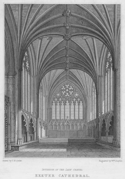 Exeter Cathedral, Interiør av Lady Chapel (gravering) av T.H. Clarke