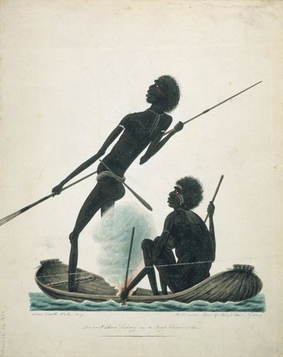 Innfødte som fisker i en barkkano, 1819 av T.R. Browne