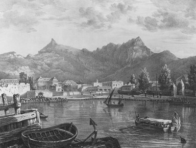 Port Louis, Mauritius, fra østsiden av havnen, ca. 1830 (litografi) av T. (after) Bradshaw