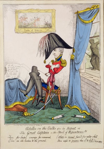 "Akilles in the Sulks After His Retreat eller, The Great Captain on the Stool of Repentance", pub. av G. Humphrey, 7. mai 1827 (farget gravering) av T. Jones