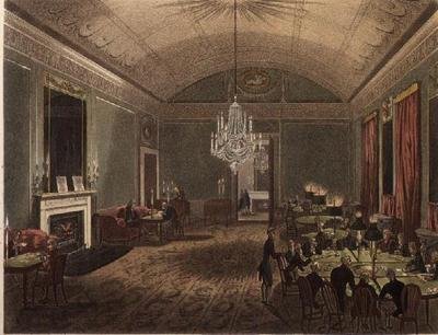 Flott abonnementsrom hos Brooks fra Ackermanns "Microcosm of London" av T. and Pugin A.C. Rowlandson