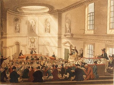 India House, salgsrommet, pub. av Ackermann av T. and Pugin A.C. Rowlandson