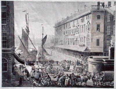 Billingsgate Market, gravert av J. Bluck (fl.1791-1819) (akvatint) av T. and Pugin A.C. (after) Rowlandson