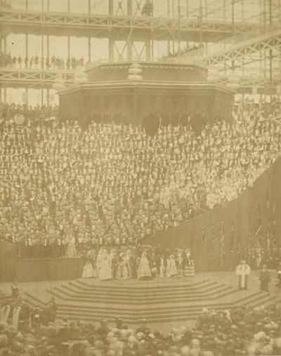 Dronning Victoria presiderte ved gjenåpningen av det rekonstruerte Crystal Palace i Sydenham, 1854. av T. R. Williams