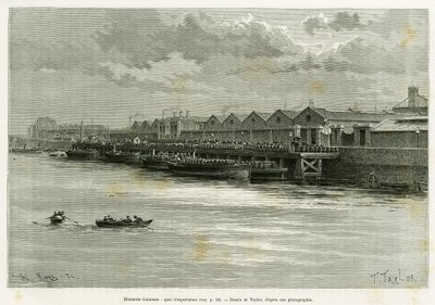 Guinness bryggeri, eksportbrygge. Gravering av Taylor, for å illustrere historien Trois mois en Irlande, i 1889, av Marie Anne de Bovet, i le tour du monde 1890, regissert av Edouard Charton (1807-1890), Hachette, Paris. av T Taylor
