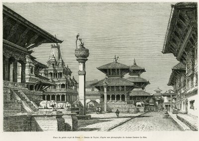 Stedet for det kongelige palasset i Patan (nåværende Lalitpur). Gravering av Taylor for å illustrere historien Voyage au Nepal, av Dr. Gustave Le Bon (1841-1931), i le tour du monde 1886, regissert av Edouard Charton (1807-1890), Hachette, Paris. av T Taylor