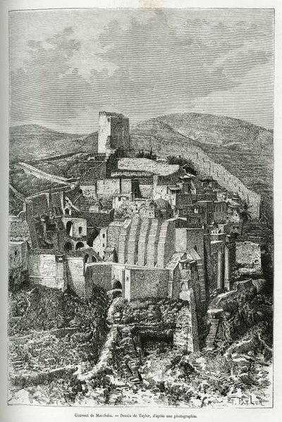 Klosteret Mar-Saba (Mar Saba) (Palestina). Taylors gravering, for å illustrere historien om dagens Syria, av M. Lortet, dekan ved Det medisinske fakultet i Lyon, ansvarlig for et vitenskapelig oppdrag fra departementet for offentlig utdanning, publisert i  av T Taylor