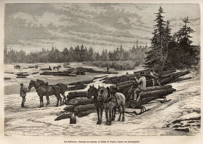 Nedstigningen av flåtene i Ontario, loggerne losser de kuttede stammene og installerer dem på den frostige elven, og under degelen vil stammene bli båret av strømmen til stedet der de vil bli tømt og transformert, gravering etter uavgjort av T Taylor