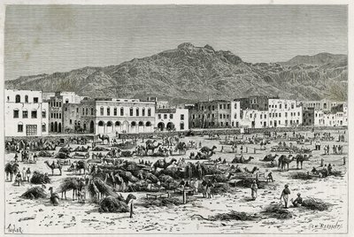 Marsjen til Aden (Jemen). Taylors gravering, for å illustrere historien "" Journey to the Benadir, Somali and Bayoun "", i 1882-1883, av M.G.Revoil. Publisert i Le Tour du monde, nouveau journal des voyages av T Taylor