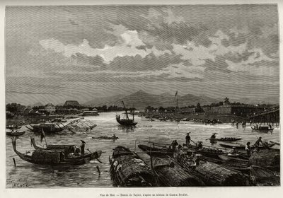 Utsikt over Hue (Vietnam), med beskrivelse av navigering på Song Huong-elven og Thien Mu-pagoden, bak omkretsmurene. Gravering av Taylor, for å illustrere historien "" Trente mois au Tonkin"" av Dr. Charles Edouard Hocquard (1853-1911), i 1885, i av T Taylor