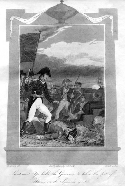 Løytnant Yeo dreper guvernøren og inntar fortet Muros på den spanske kysten, 1816 av T. Wallis