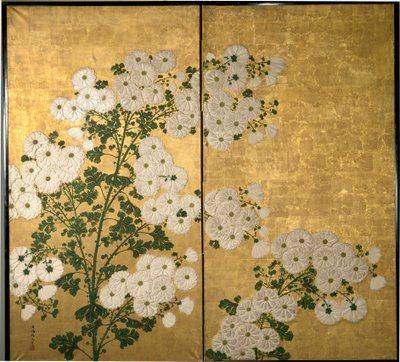 Skjermpaneler dekorert med blomster. c. 1840 (Maling av gullblader og lakk) av Tabukun Hokio