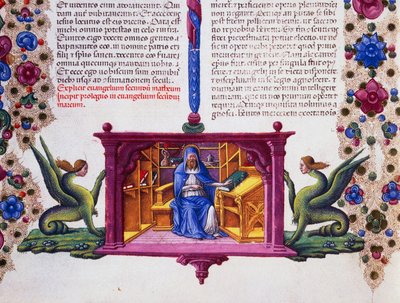 Grensefrise ved foten av siden med St. Matteus evangelisten, bind II f 148, v, Bibelen til Borso d'Este, Taddeo Crivelli (1425-1479) og assistenter, latinsk manuskript av Taddeo Crivelli