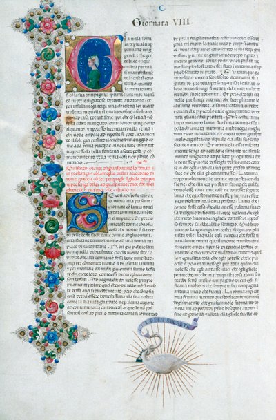 Opplyst manuskriptside fra Decameron, av Giovanni Boccaccio, italiensk, c1467. av Taddeo Crivelli
