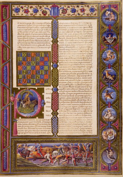 Incipit fra Dommerboken, fra bind I av Bible of Borso d'Este, belyst av Taddeo Crivelli (1425-1479) og andre, latinsk manuskript 422-423, folio 99, recto, pergament av Taddeo Crivelli