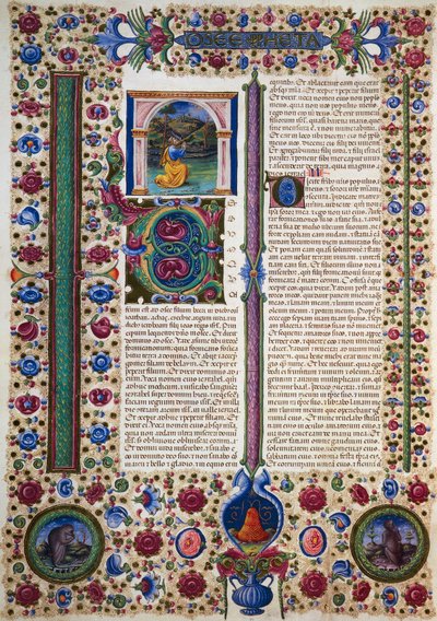 Incipit fra profeten Hoseas bok, fra bind II av Bibelen til Borso d'Este, opplyst av Taddeo Crivelli (1425-1479) og andre, latinsk manuskript 422-423, folio 87, verso, pergament av Taddeo Crivelli