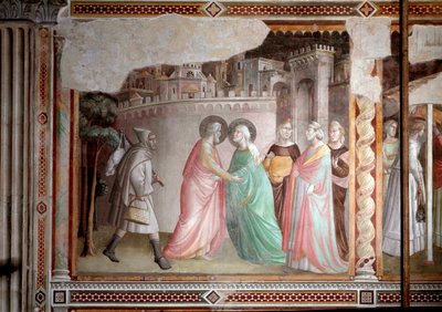Jomfruens liv: møte med Joachim og Anne ved den gyldne porten (fresco, ca. 1327) av Taddeo Gaddi