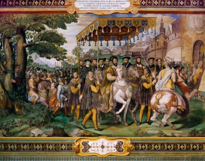 Francis I ønsker Charles V og kardinal Alessio Farnese velkommen i Paris, av Taddeo Zuccari (1529-1566), Palazzo Farnese, Caprarola, Italia av Taddeo Zuccari