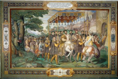Kong Frans I mottar Karl V og kardinal Alessandro Farnese i Paris i 1540. 1559 av Taddeo Zuccari
