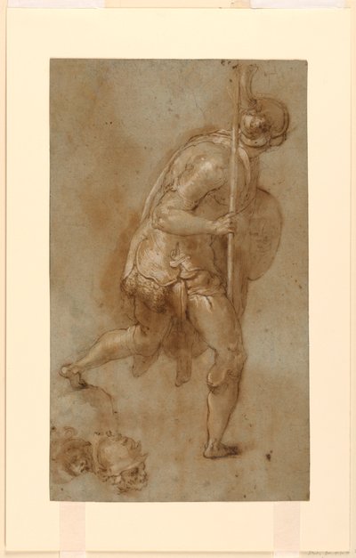 Soldier Running: Studie for figur i venstre forgrunn, "Betrayal of Christ," Roma, S. Maria della Consolazione, Matttei Chapel; Separate studier av to hoder av Taddeo Zuccaro