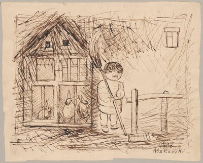 Barn under et bur med kaniner av Tadeusz Makowski