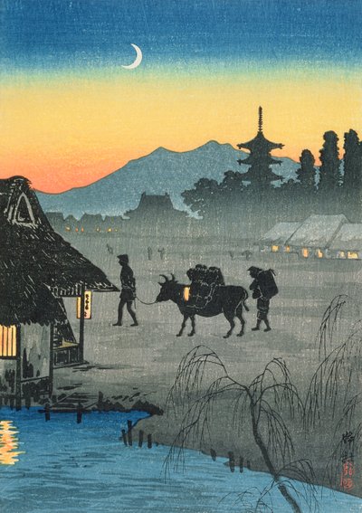 Returning to the Village, 1930-tallet (farget treblokktrykk) av Takahashi Hiroaki