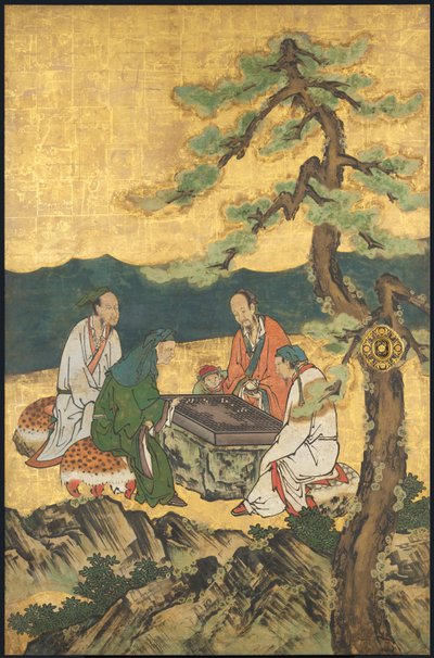 A Game of Go, fra de fire Prestasjoner, begynnelsen av 1600-tallet (glideskjerm; blekk, farge og gull på papir) av Takanobu Kano