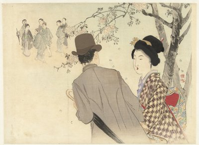 Mann med bowlerhatt og paraply og dame i kimono av Takeuchi Keishū