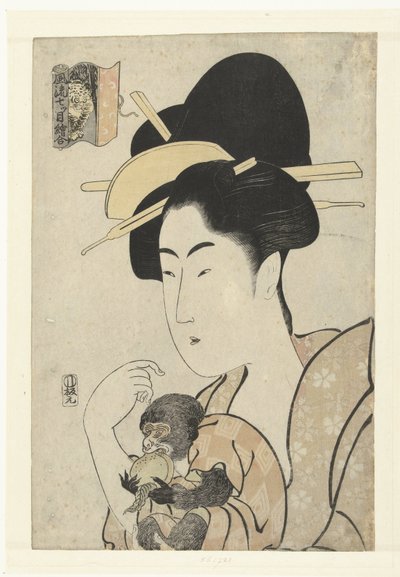 Woman with Monkey: Monkey and Tiger Elegant Print Comparisions of Seven Eyes (serietittel) Furyu nanatsume e-awase (serietittel på objekt) av Tamagawa Shucho
