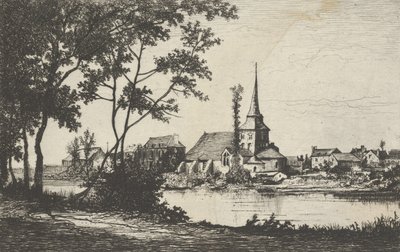 By med en kirke over en elv, 1800-tallet. av Tancrède Abraham