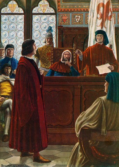 Cosimo dei Medici innkalt til å møte for Signoria for å forsvare seg mot fiendene hans i 1433 av Tancredi Scarpelli