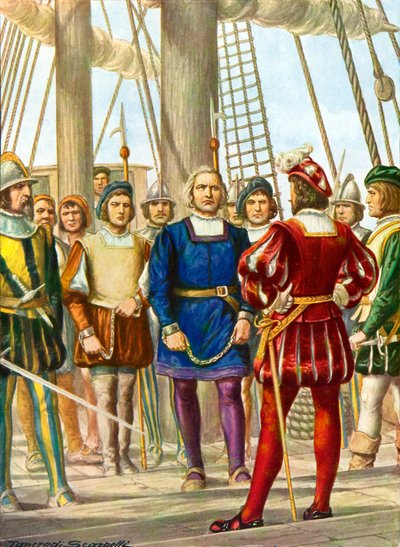 Christopher Columbus og brødrene hans Bartolomeo og Diego blir tatt til fange på et skip som skal ta dem til Spania av Tancredi Scarpelli