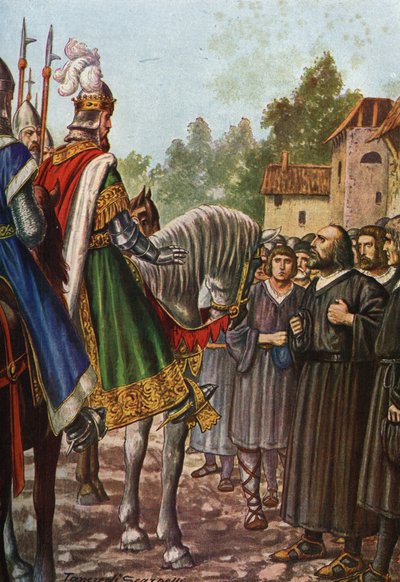 Keiser Frederic I Barberossa (1122-1190) på sin andre tur til Italia i 1158 passerer elven Adda og møter folket i Lodi som ber ham om å få territoriet tilbake. Tancredi Scarpelli (1866-1937) fra «Storia d