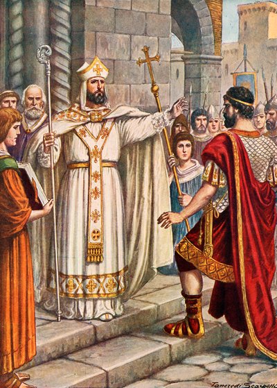 Keiser Theodosius ble forbudt av St. Ambrose fra å gå inn i katedralen i Milano av Tancredi Scarpelli